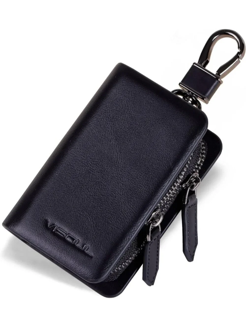 Leather Car Key Fob Case Holder with Double Zipper & Keychain for Men & Women
